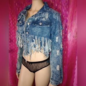 NWOT Kroix short ripped blue jean jacket (3x)